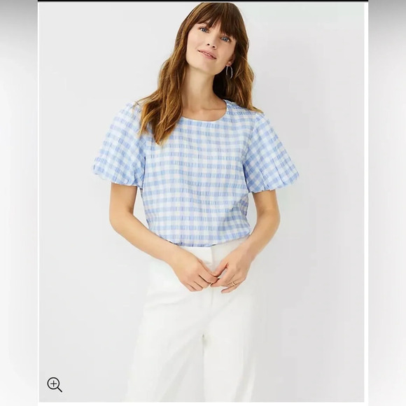 Ann Taylor Gingham Bubble Sleeve Top in blue and white check seersucker blouse - Picture 1 of 11